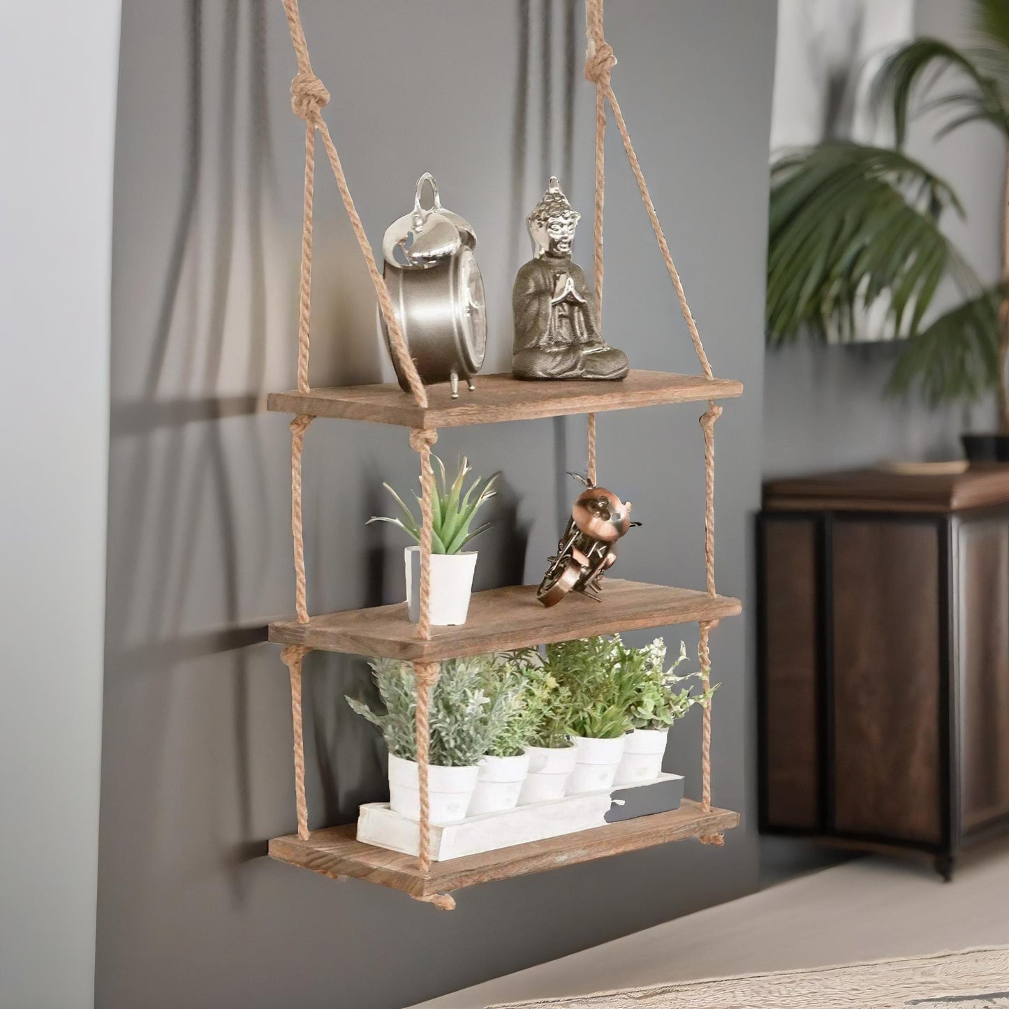 3 tier wooden hanging shelves with rope detail