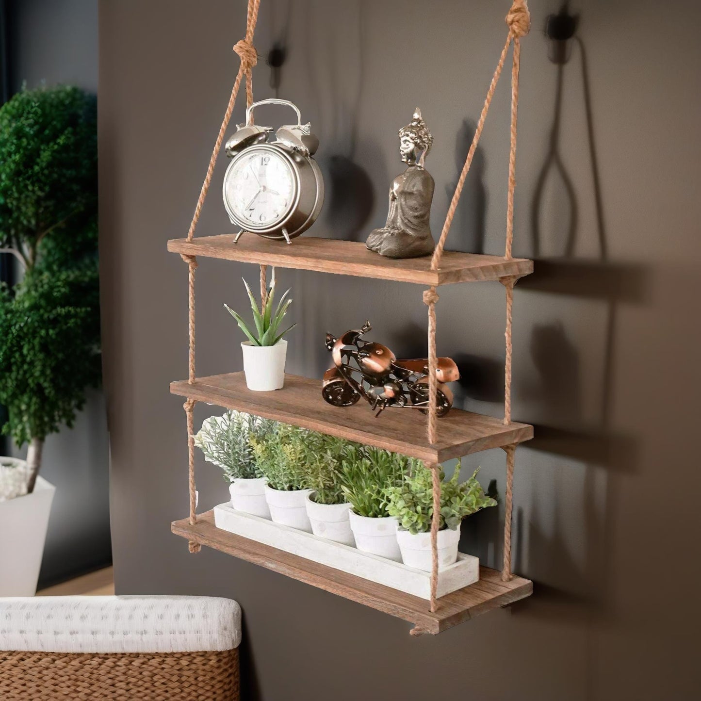 3 tier wooden hanging shelves with rope detail