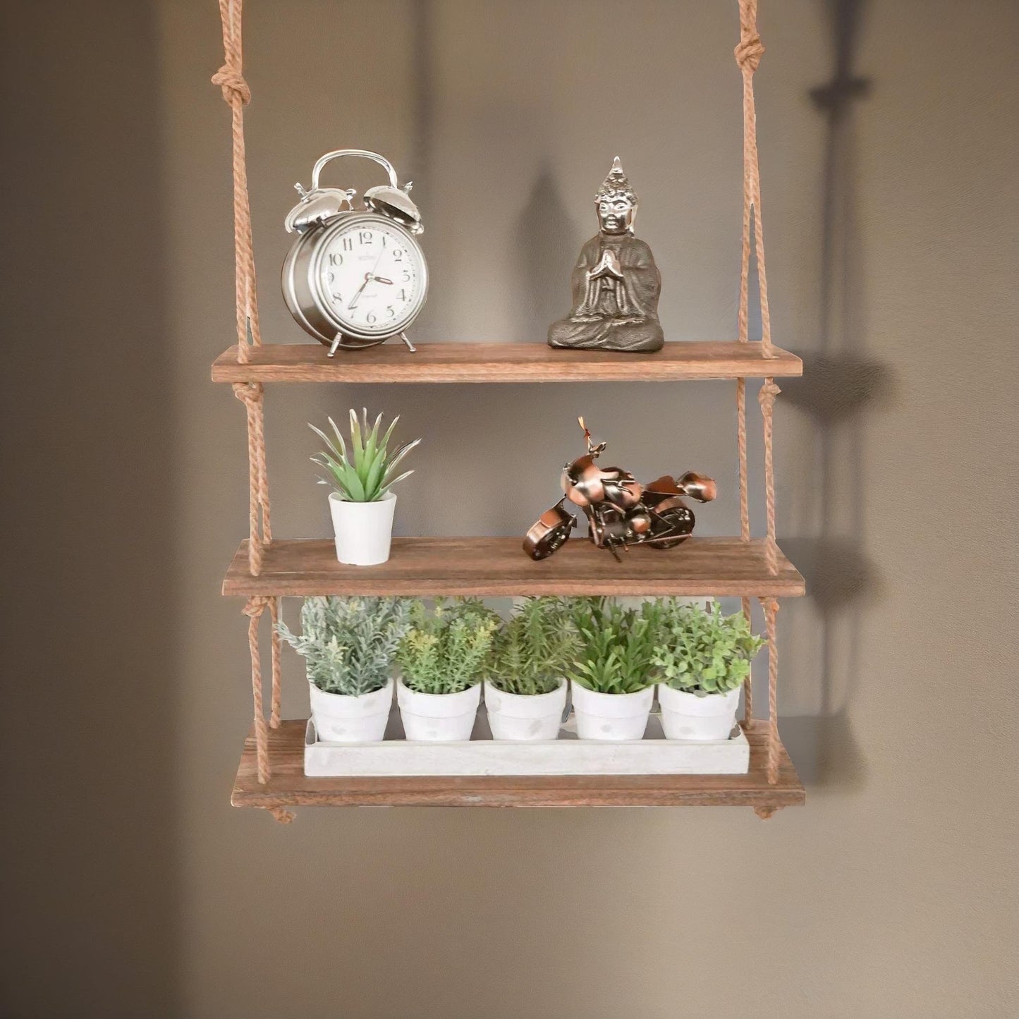 3 tier wooden hanging shelves with rope detail