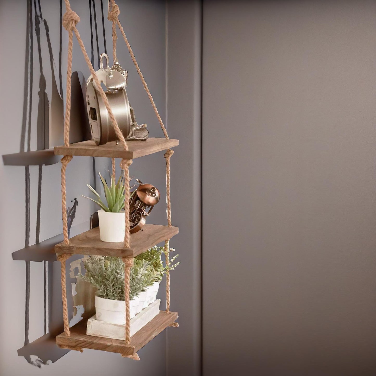 3 tier wooden hanging shelves with rope detail