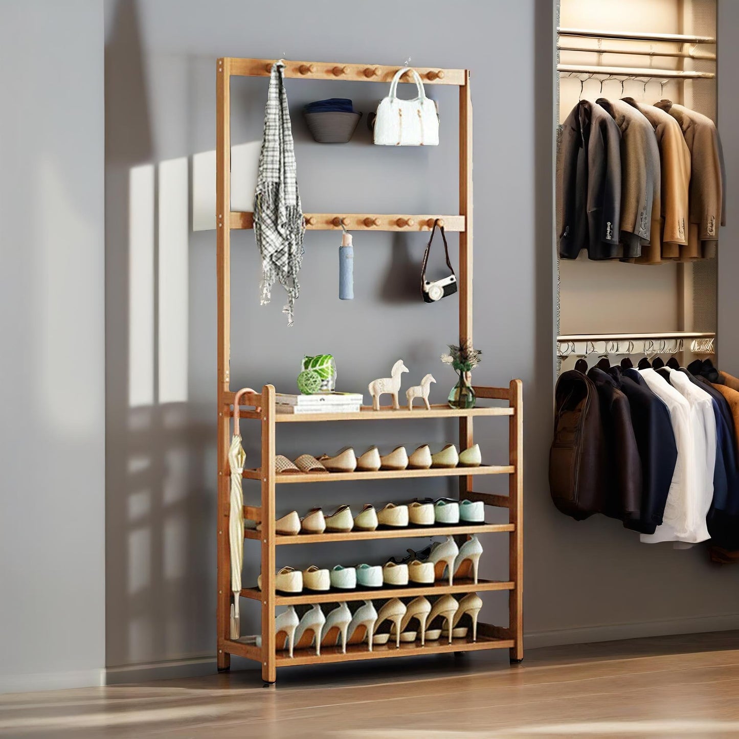 bamboo clothes rack with 12 hooks & 5 tier shoe storage