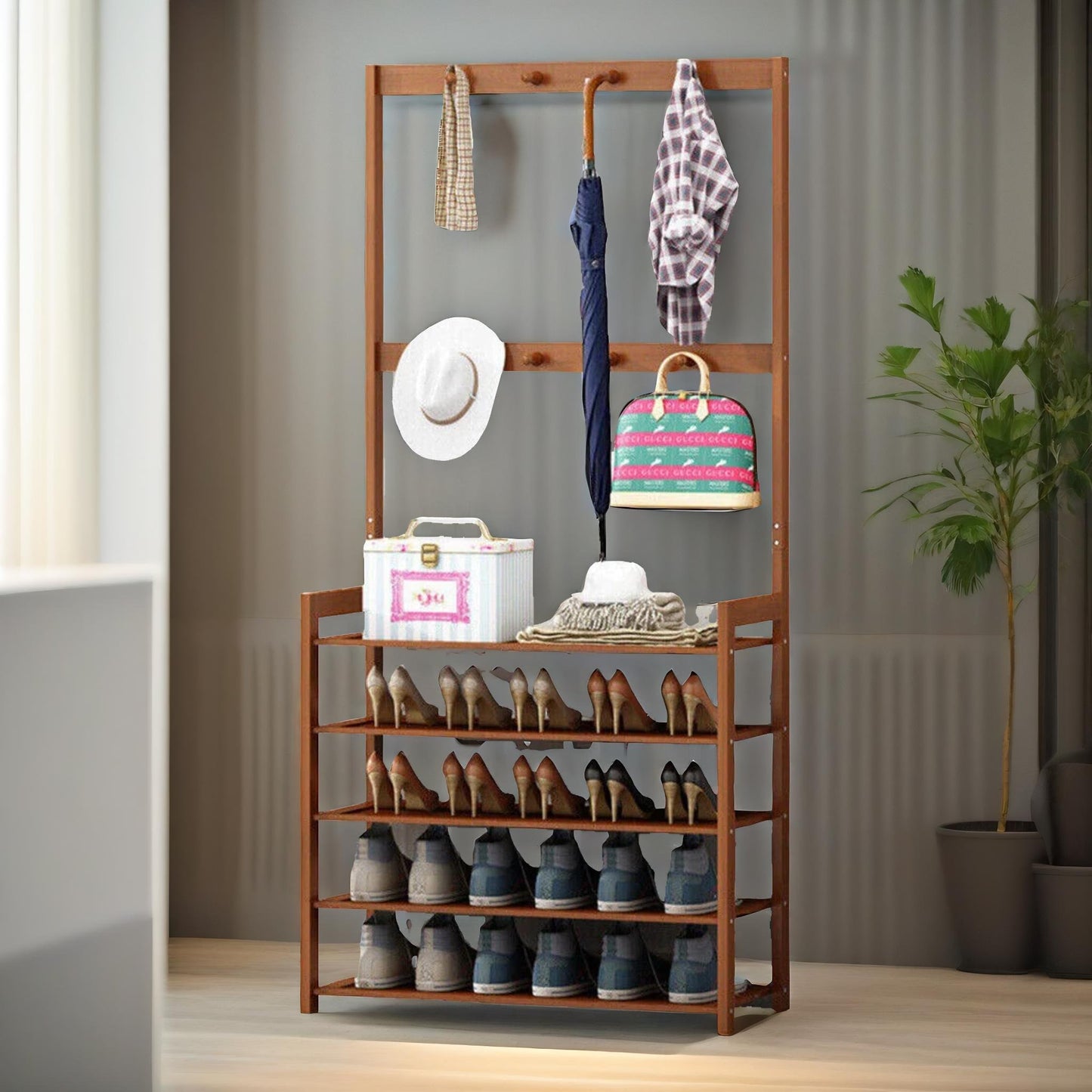 bamboo clothes rack with 12 hooks & 5 tier shoe storage