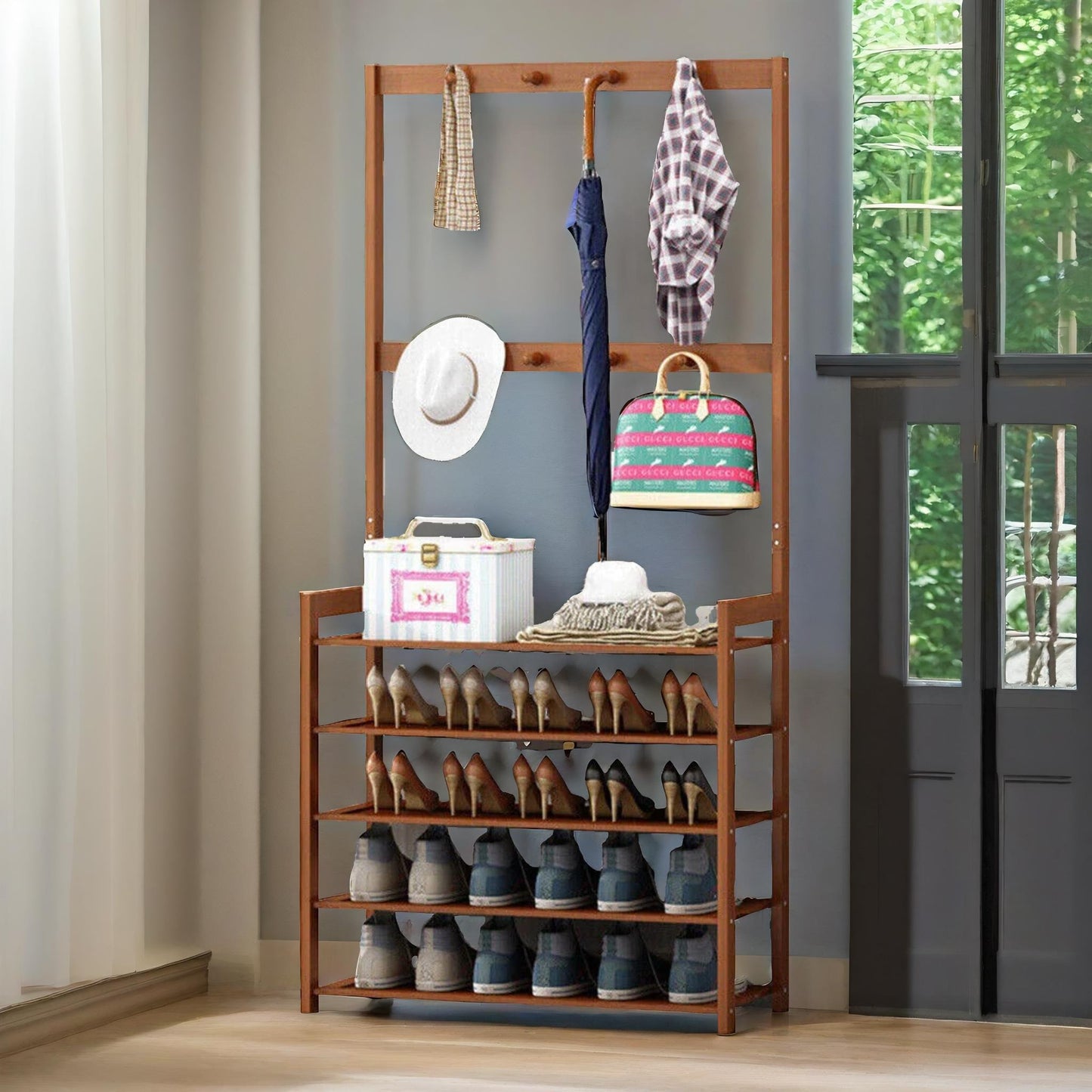 bamboo clothes rack with 12 hooks & 5 tier shoe storage