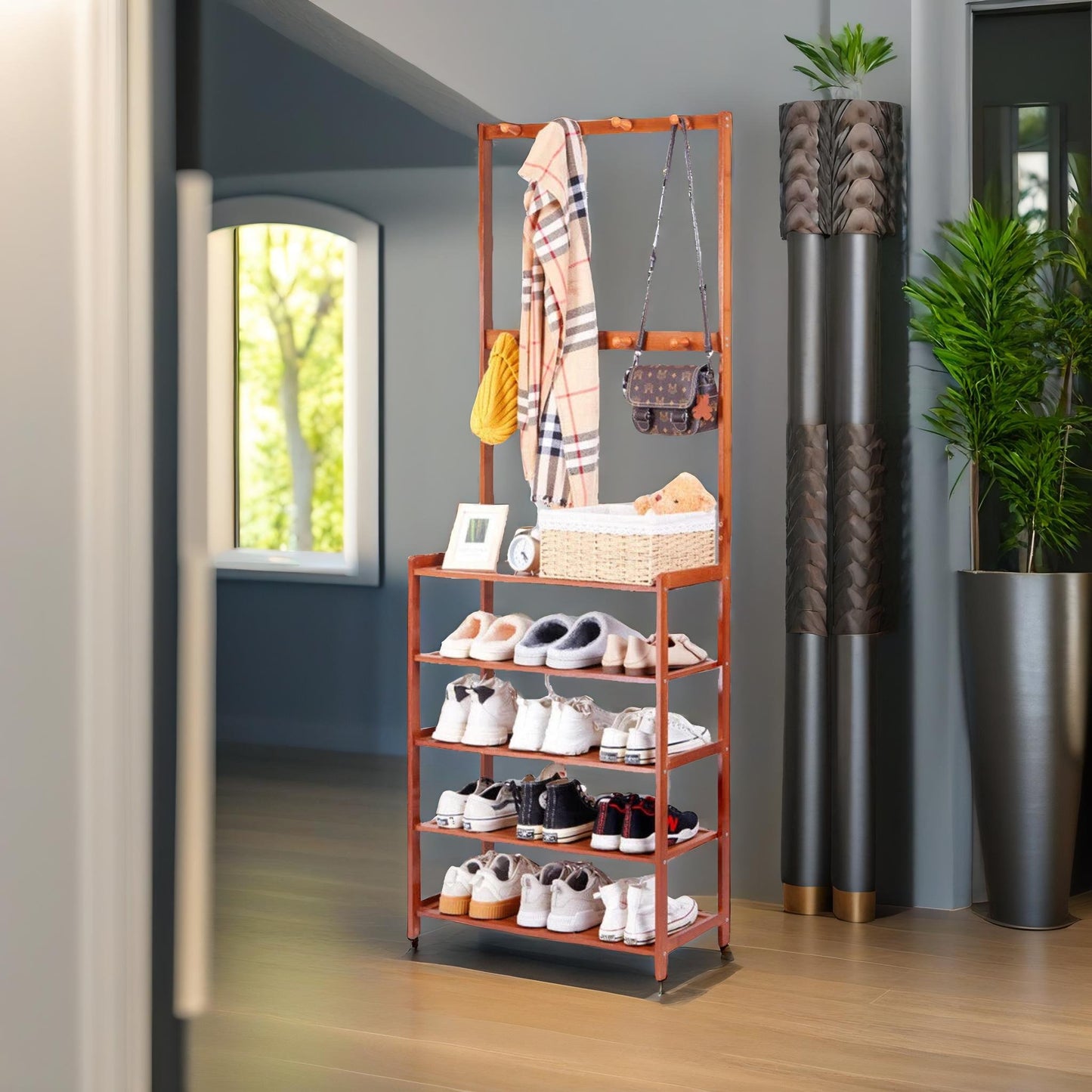 bamboo clothes rack with 12 hooks & 5 tier shoe storage