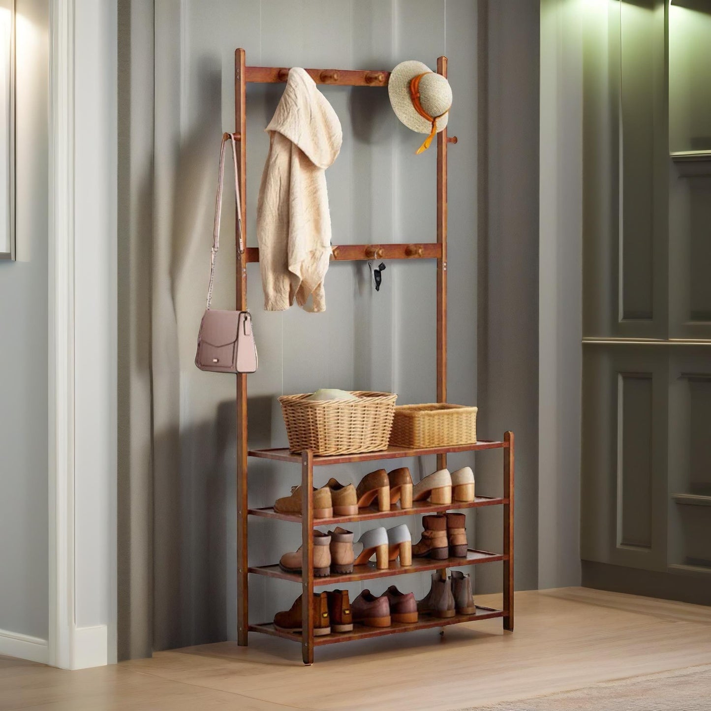 bamboo clothes rack with 12 hooks & 5 tier shoe storage