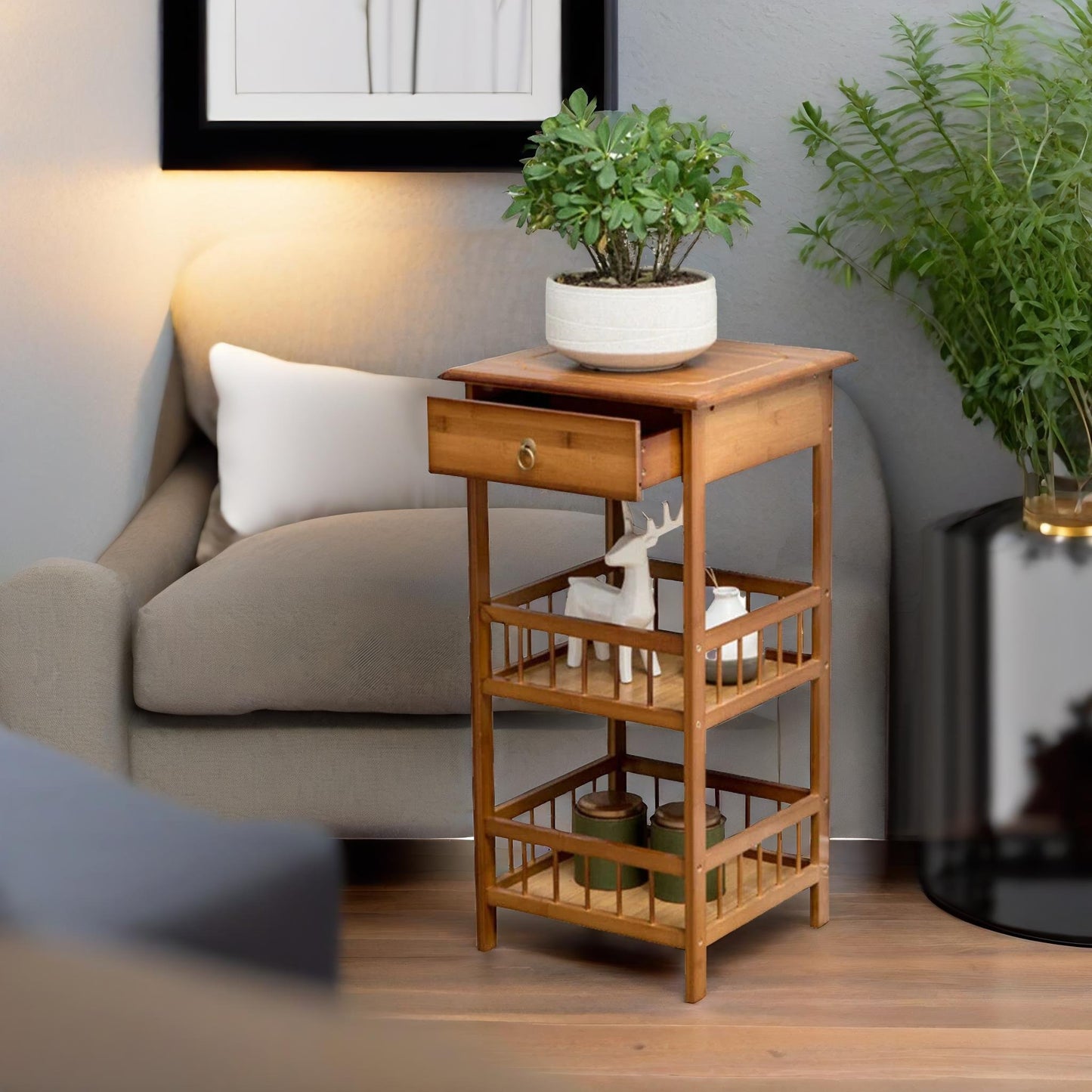 3 tier bamboo tall side table with drawer