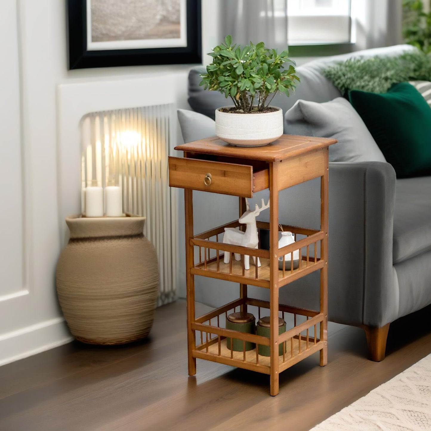 3 tier bamboo tall side table with drawer