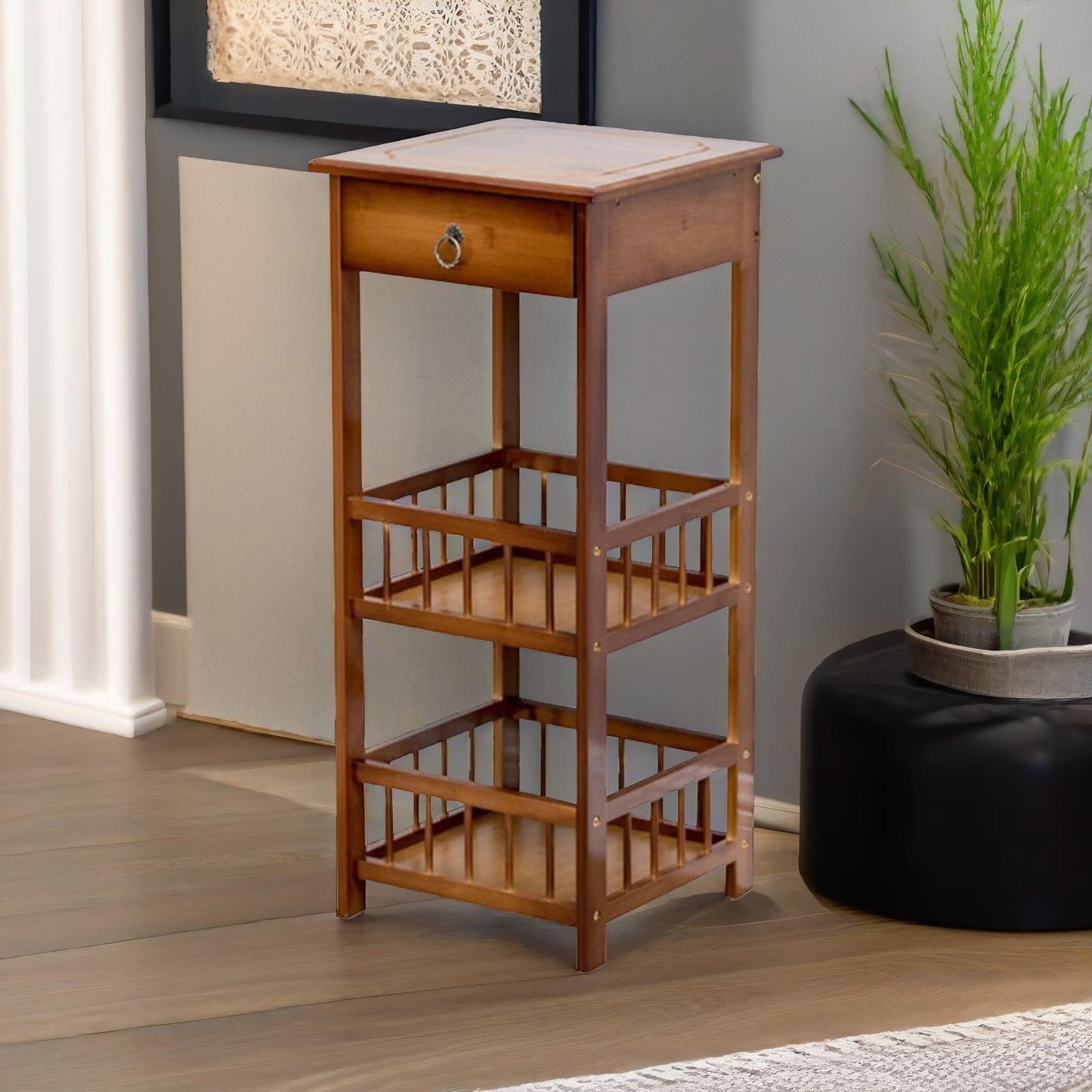 3 tier bamboo tall side table with drawer