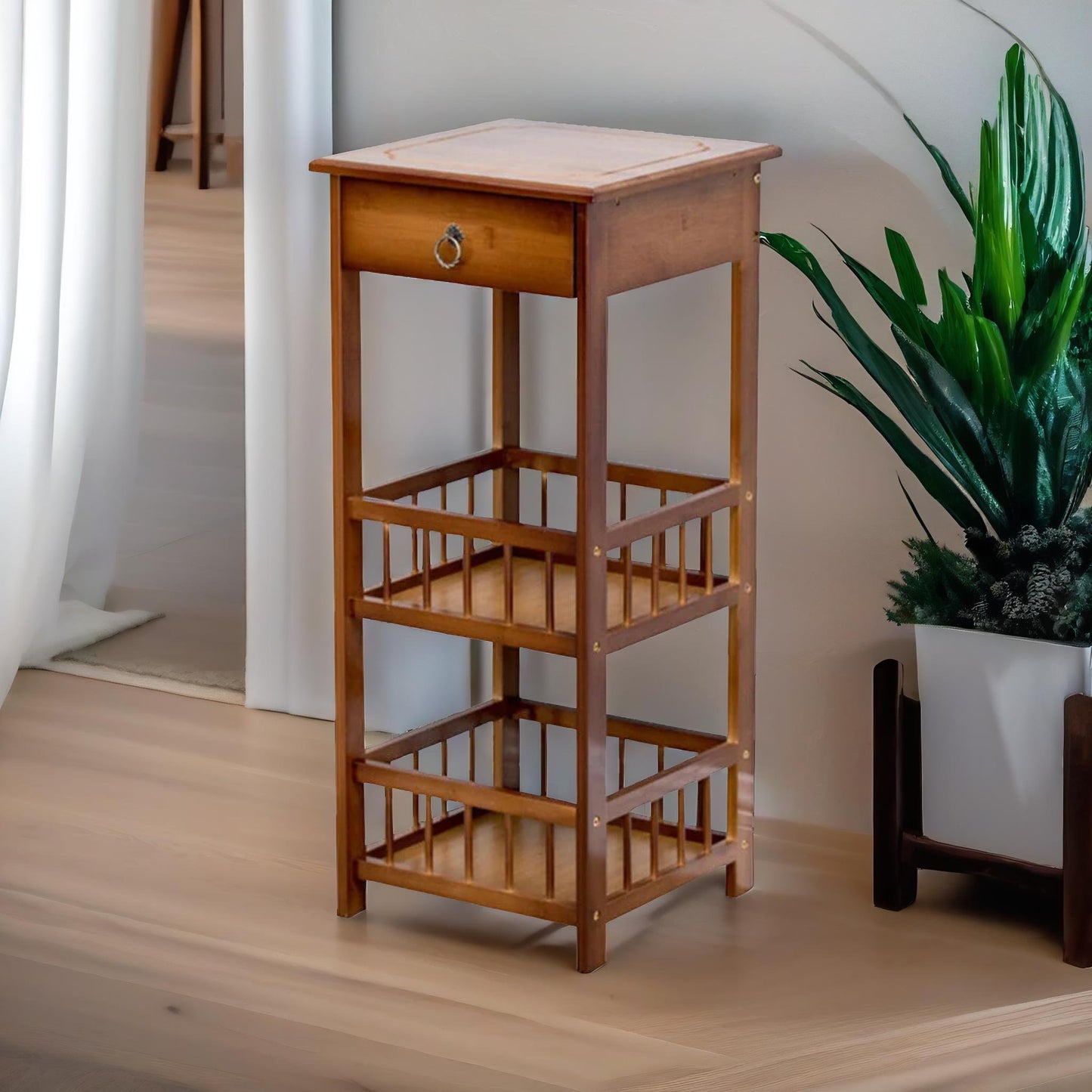 3 tier bamboo tall side table with drawer