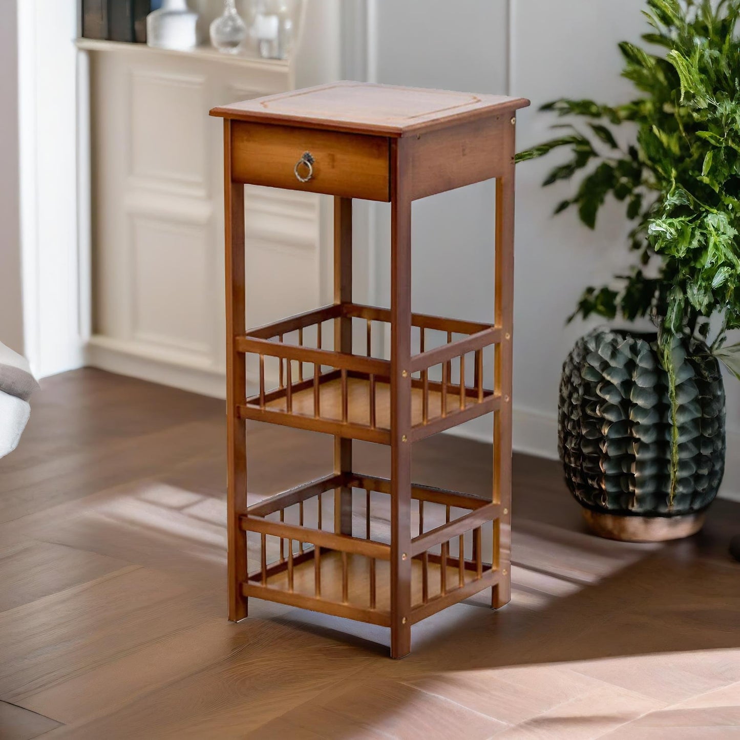 3 tier bamboo tall side table with drawer