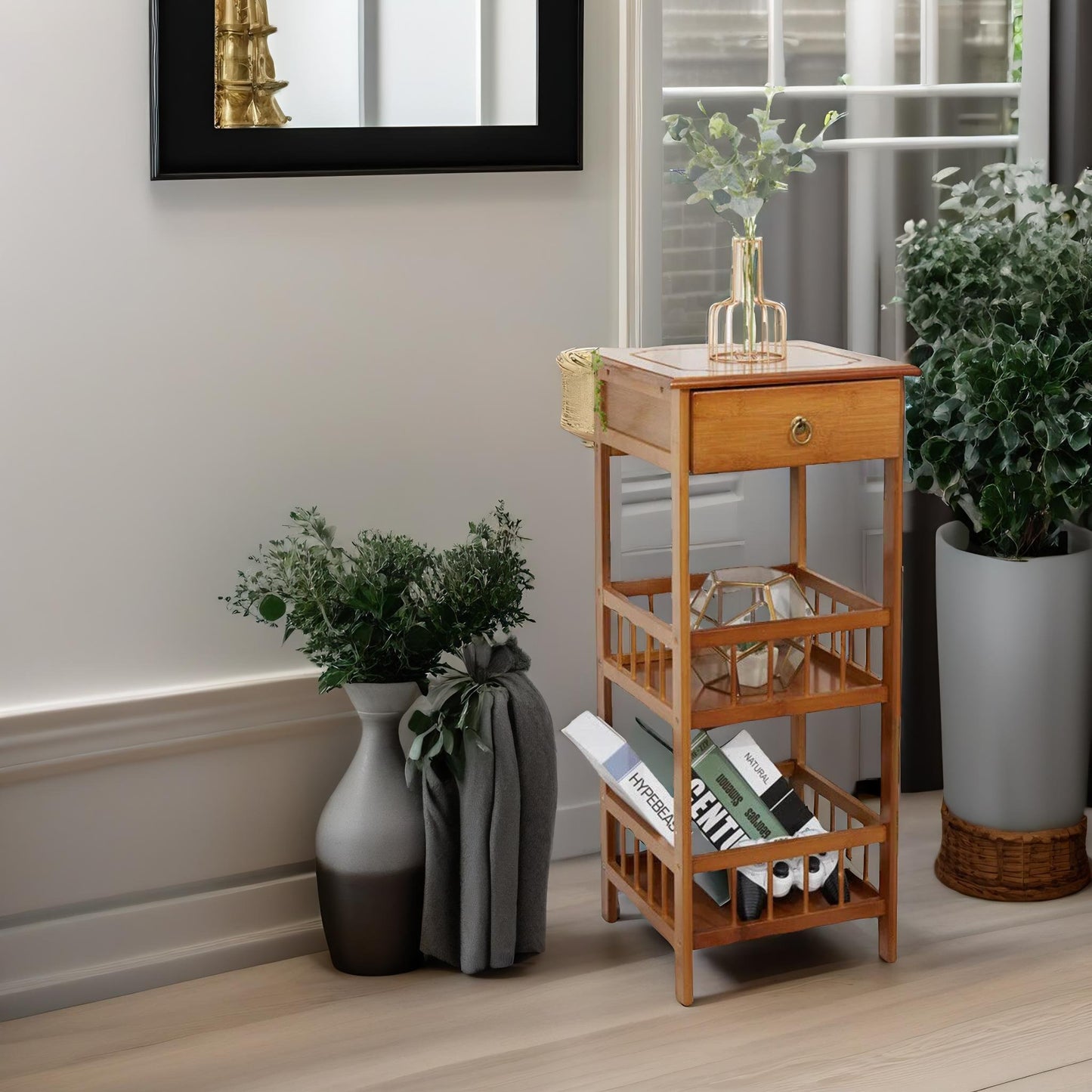 3 tier bamboo tall side table with drawer