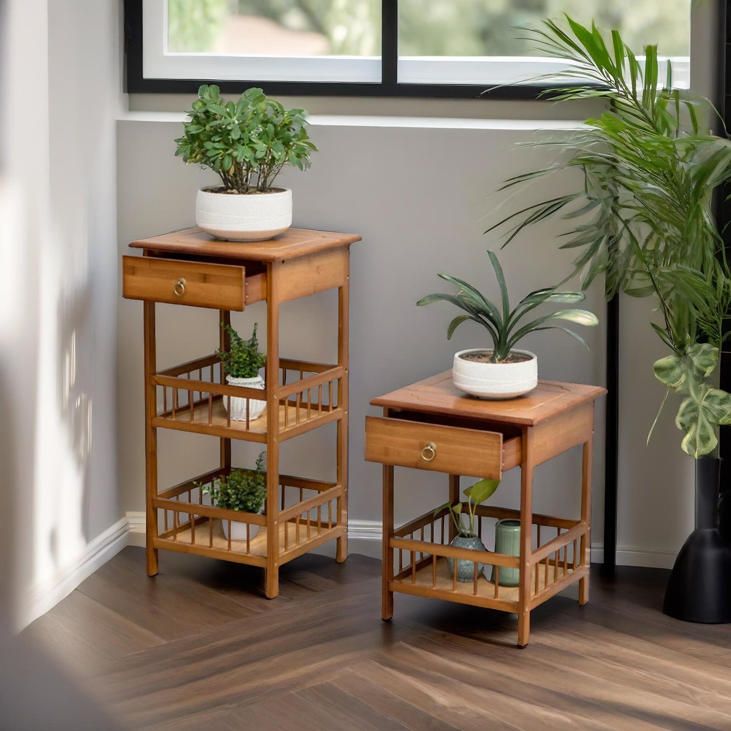 3 tier bamboo tall side table with drawer