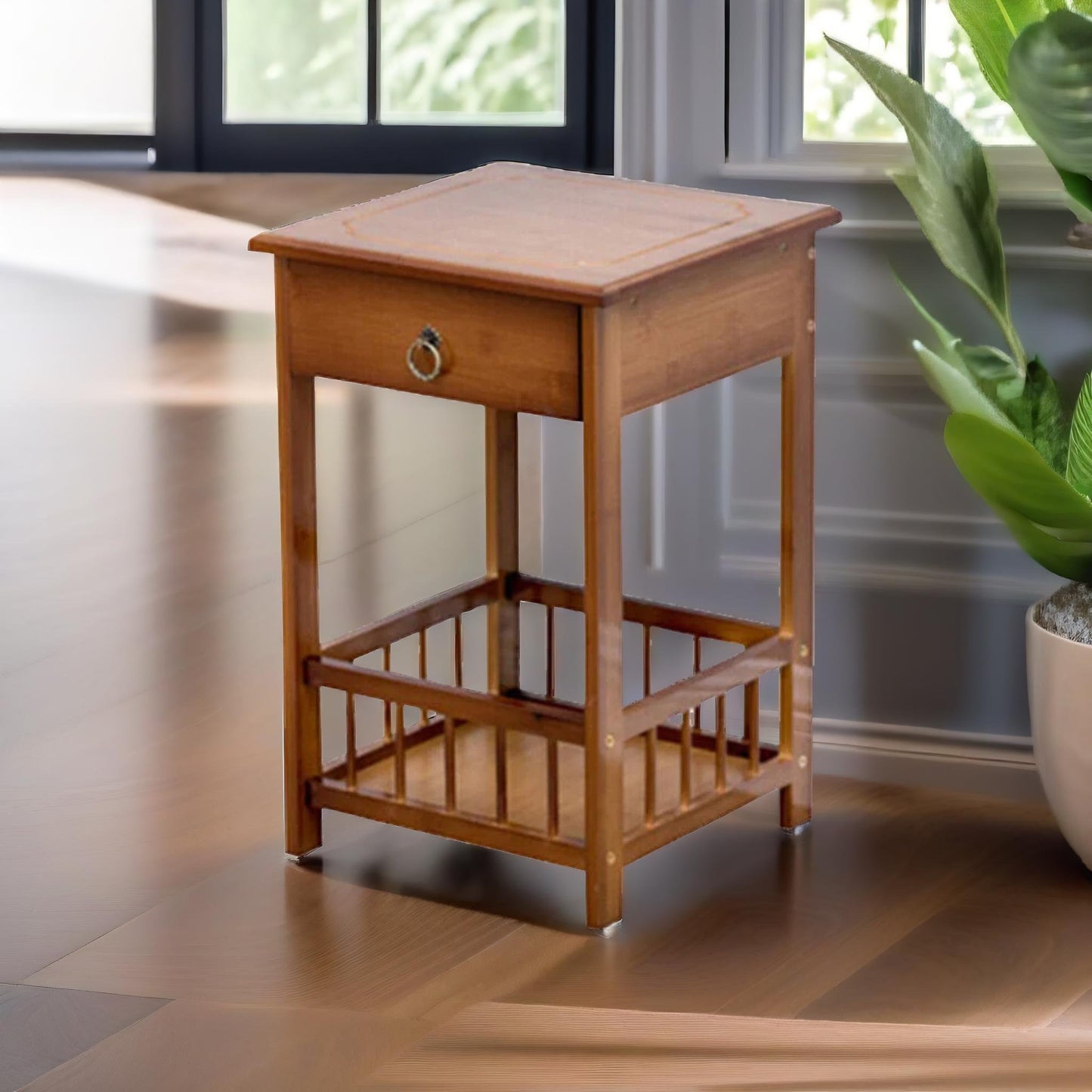 2 tier bamboo side table with drawer