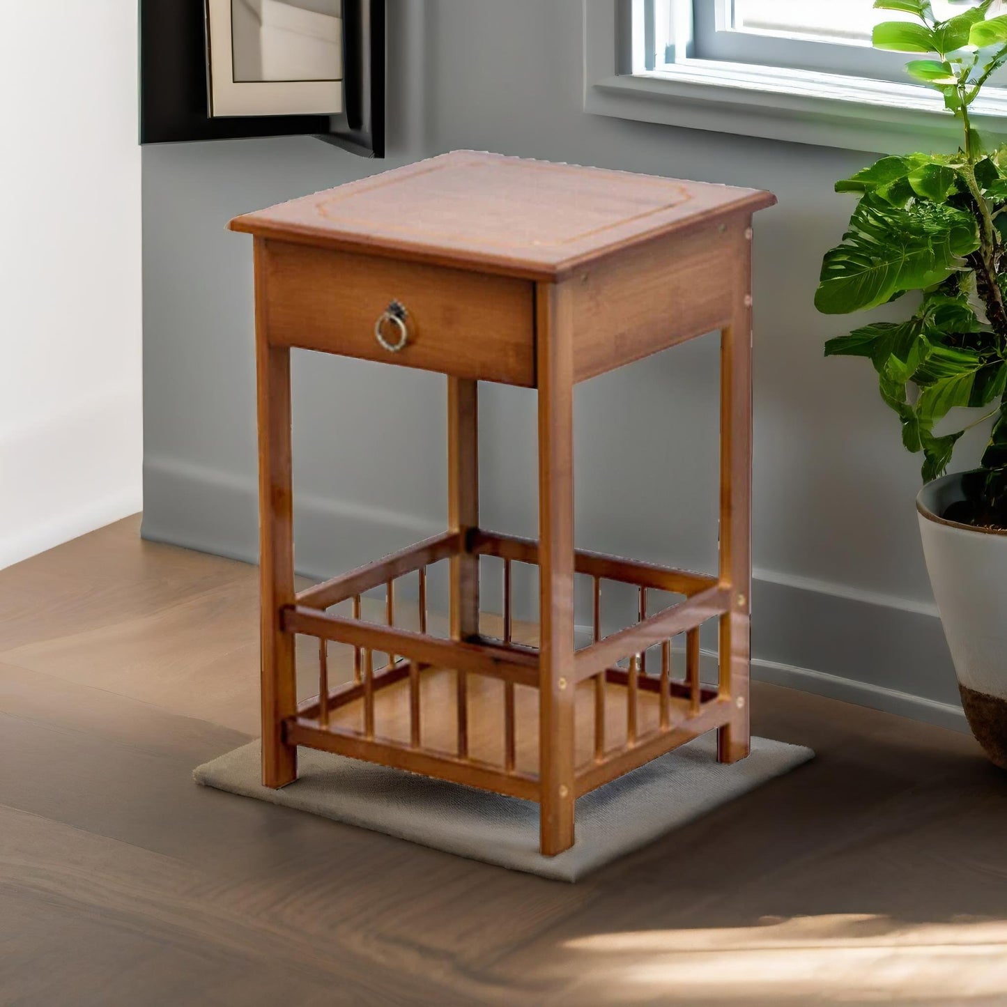 2 tier bamboo side table with drawer