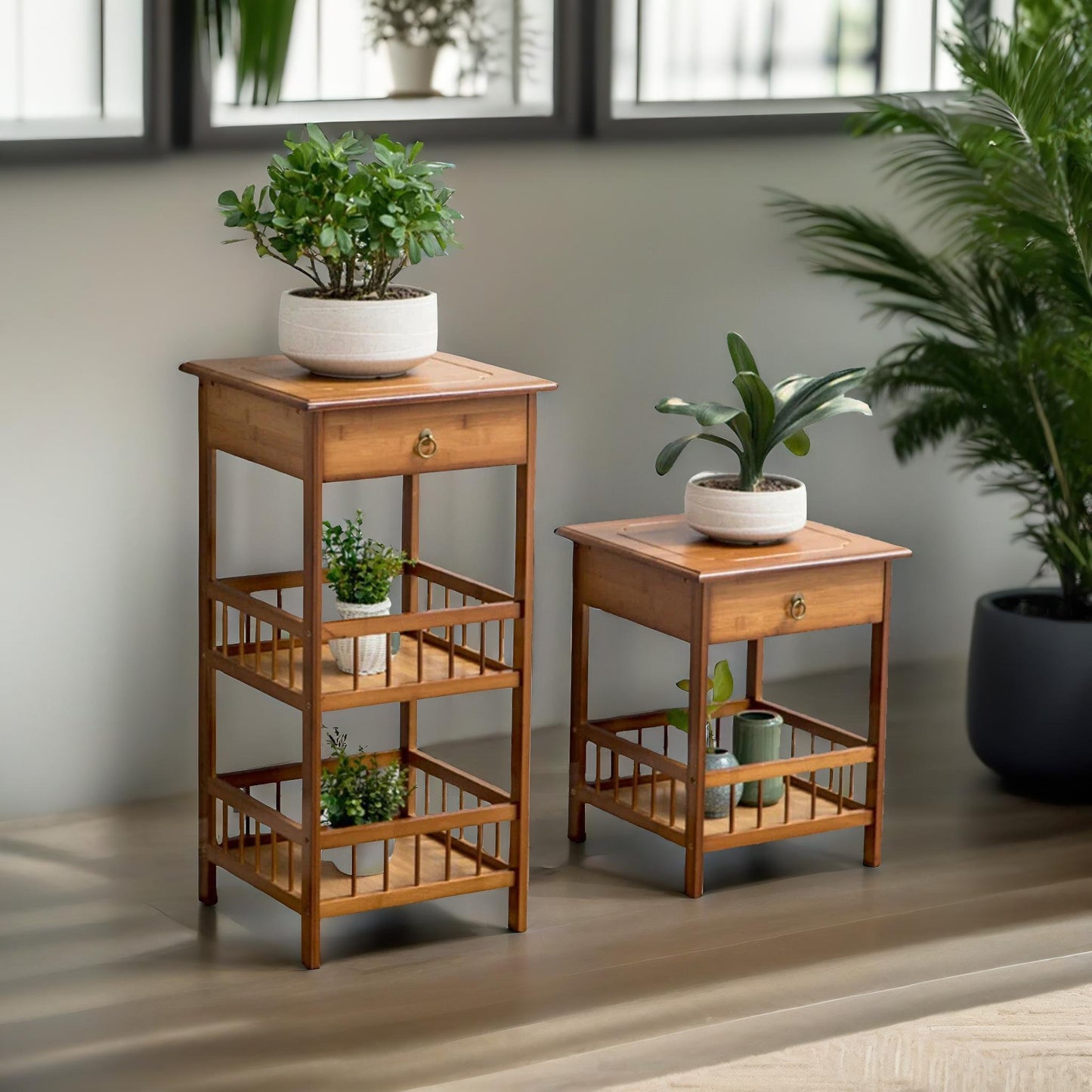 2 tier bamboo side table with drawer