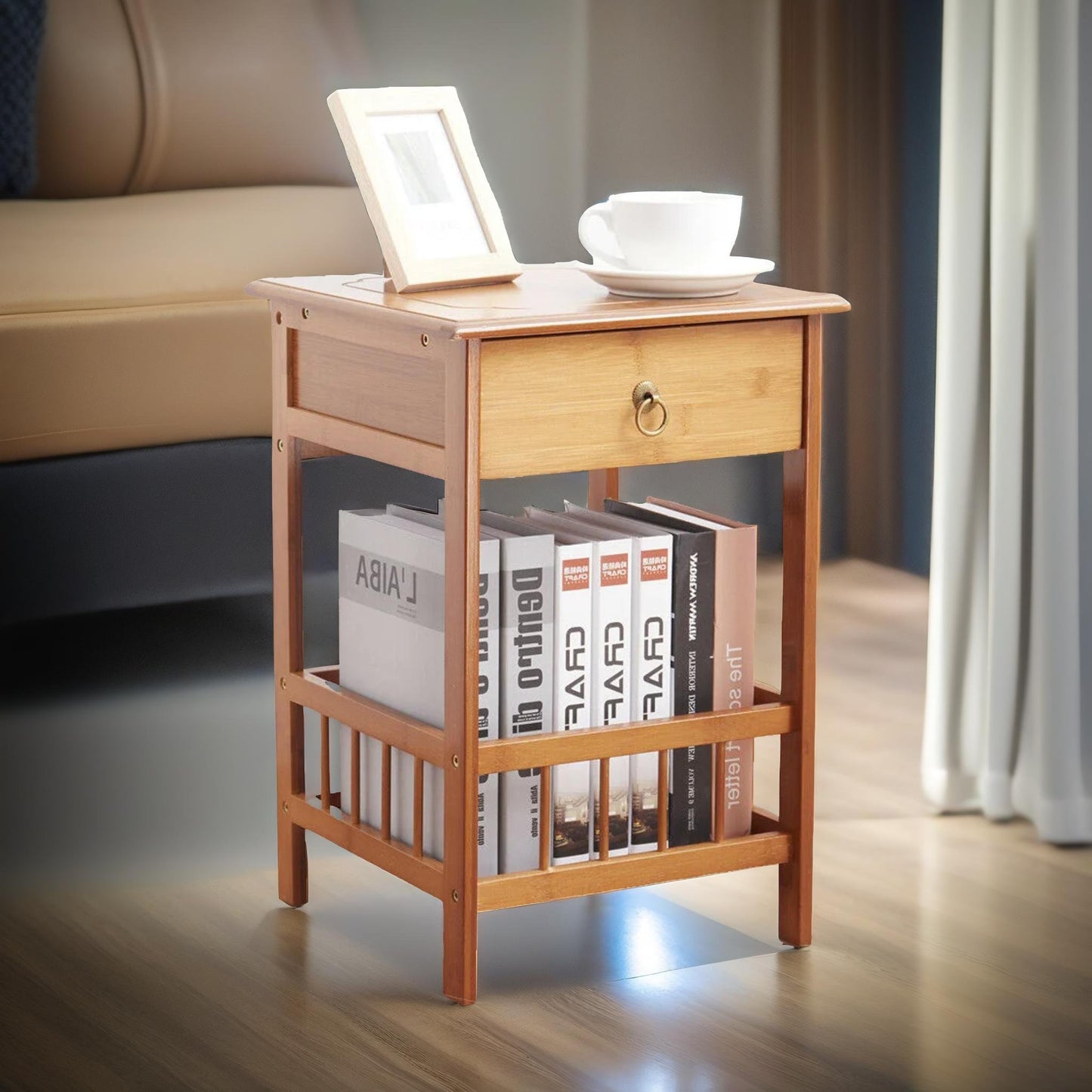 2 tier bamboo side table with drawer