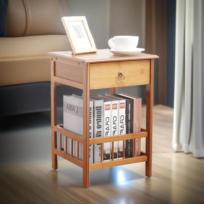 2 Tier Bamboo Side Table With Drawer