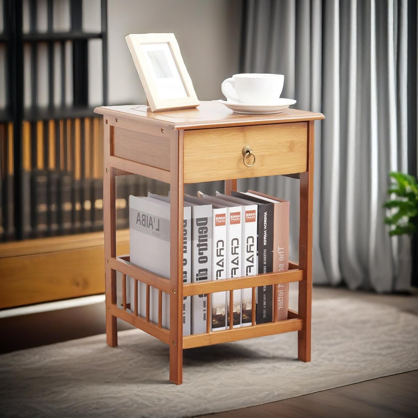 2 tier bamboo side table with drawer