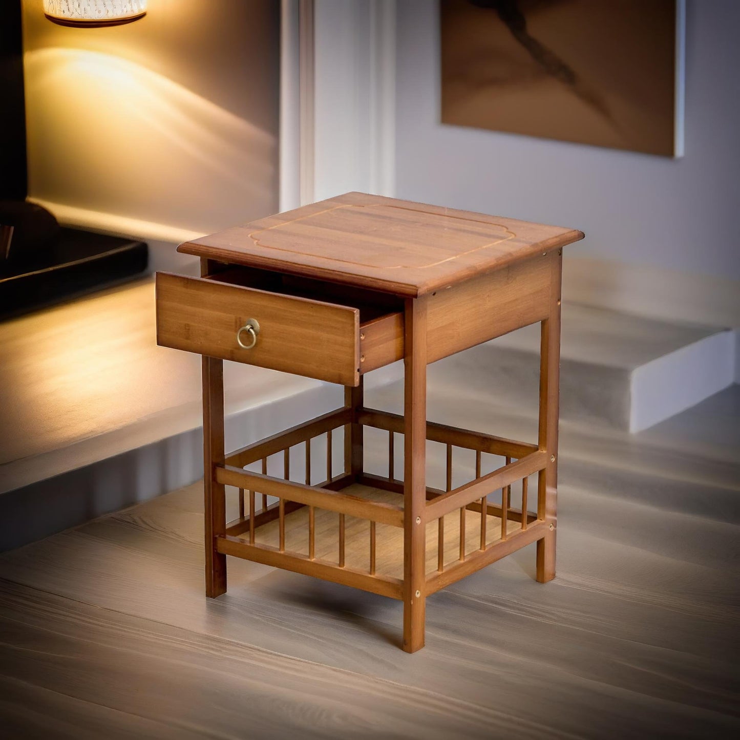 2 tier bamboo side table with drawer