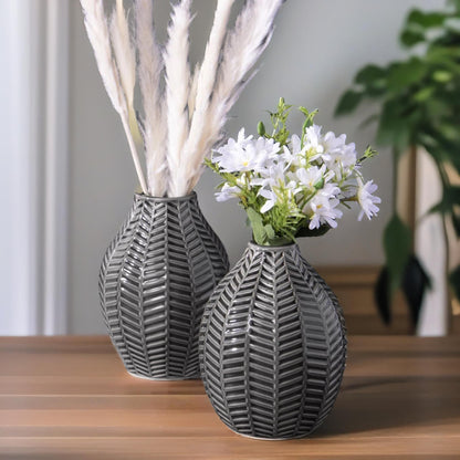 Set Of 2 Grey Leaf Ceramic Vase