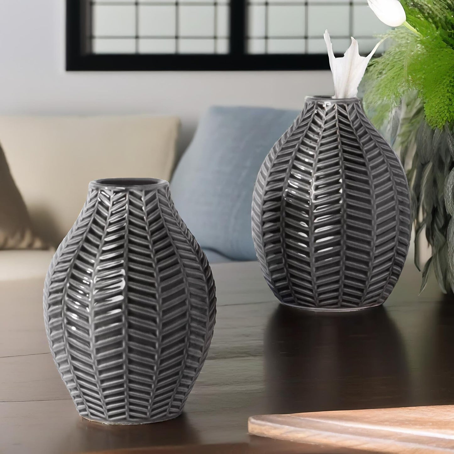 set of 2 grey leaf ceramic vase