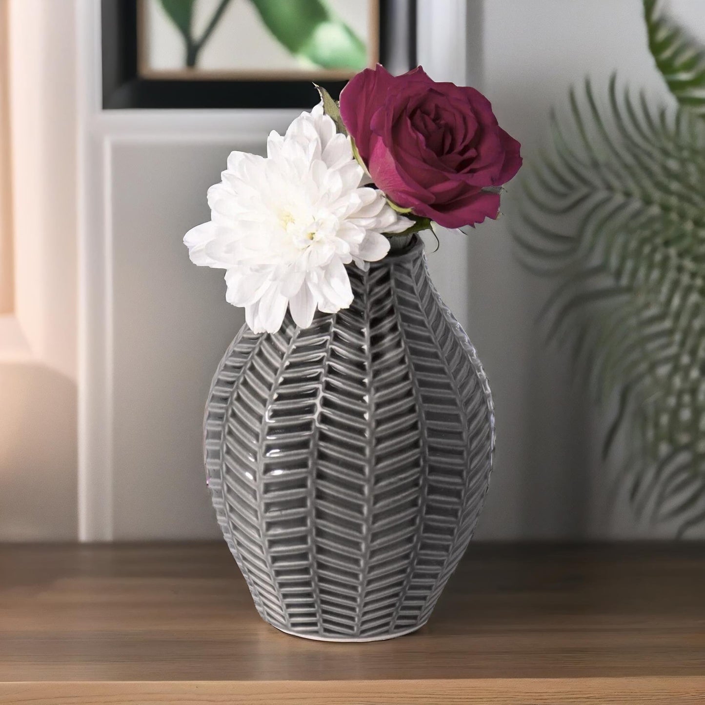 set of 2 grey leaf ceramic vase