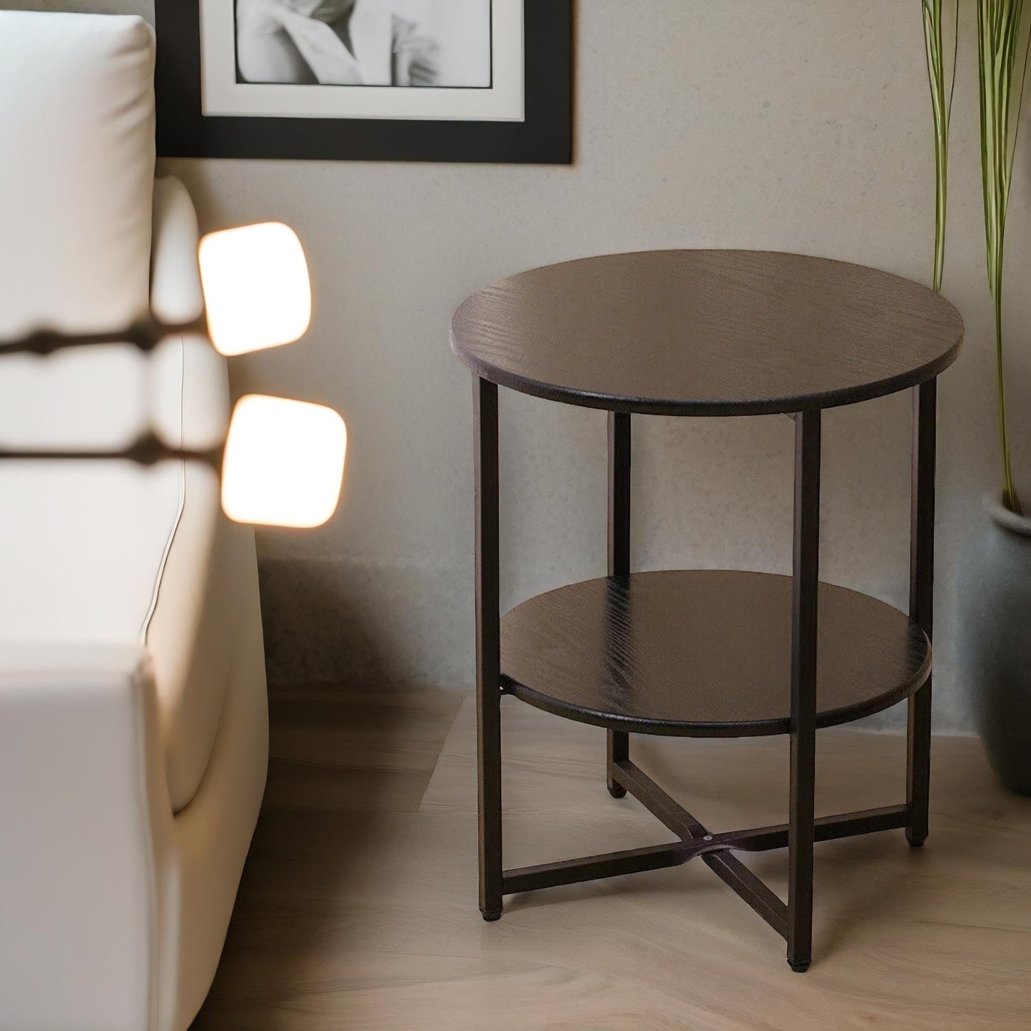 industrial 2 tier round coffee table for living room walnut