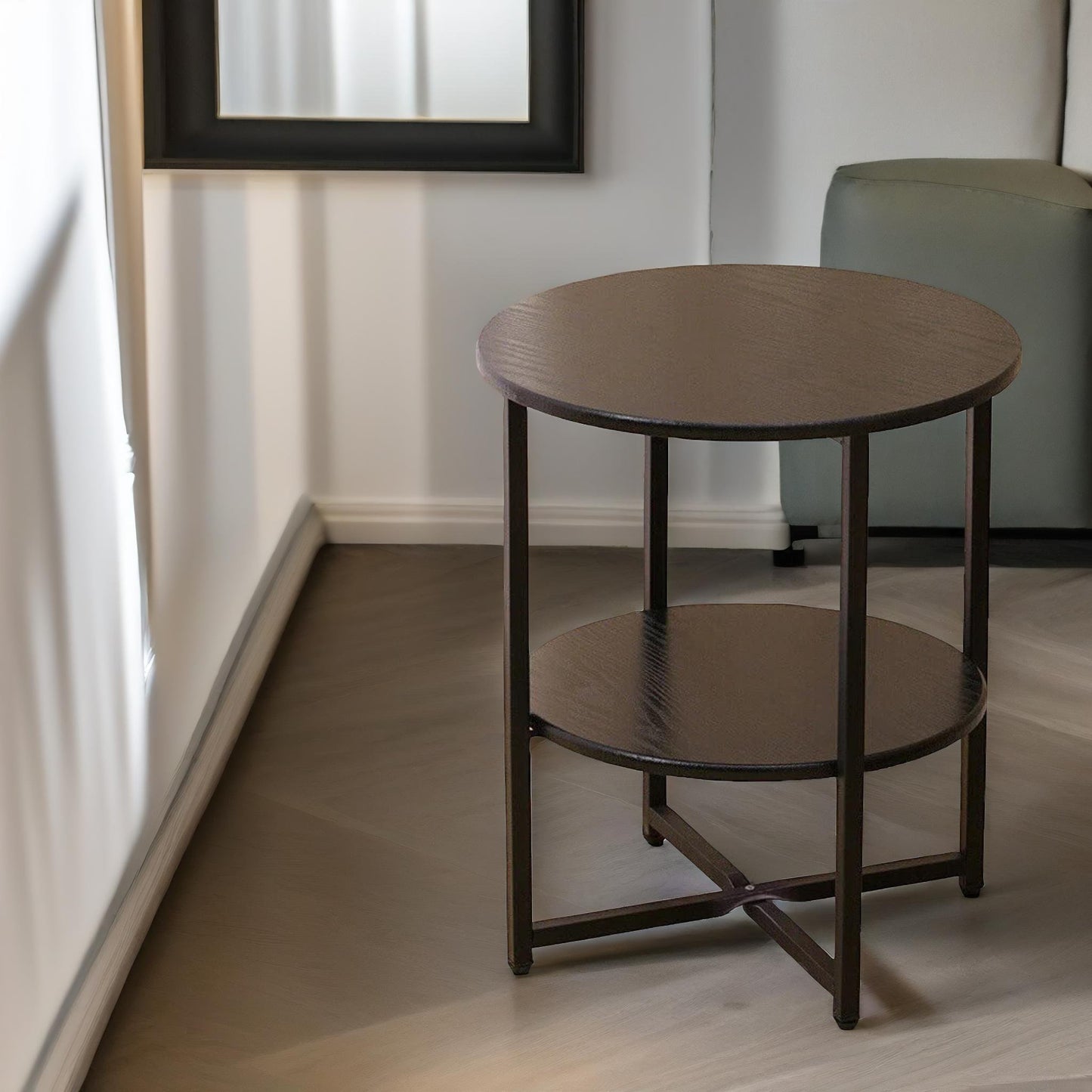 industrial 2 tier round coffee table for living room walnut