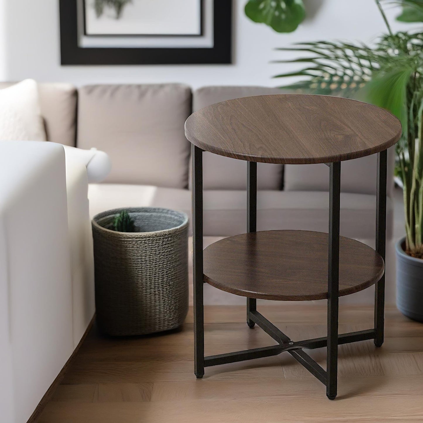 industrial 2 tier round coffee table for living room walnut