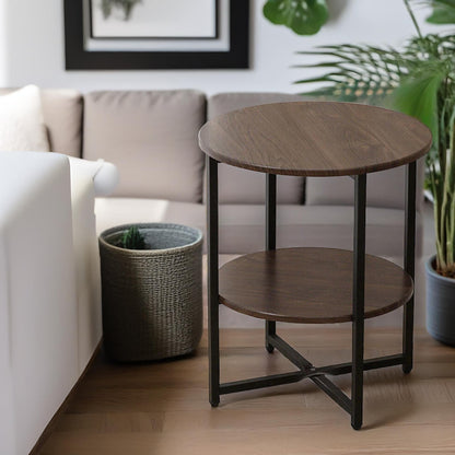 Industrial 2 Tier Round Coffee Table For Living Room Walnut