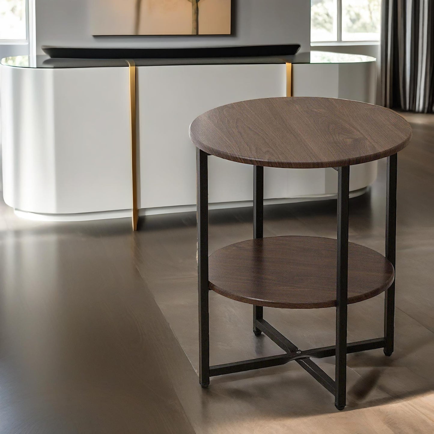 industrial 2 tier round coffee table for living room walnut