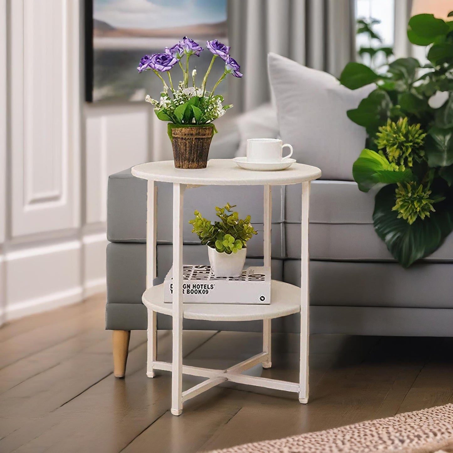 industrial 2 tier round coffee table for living room white