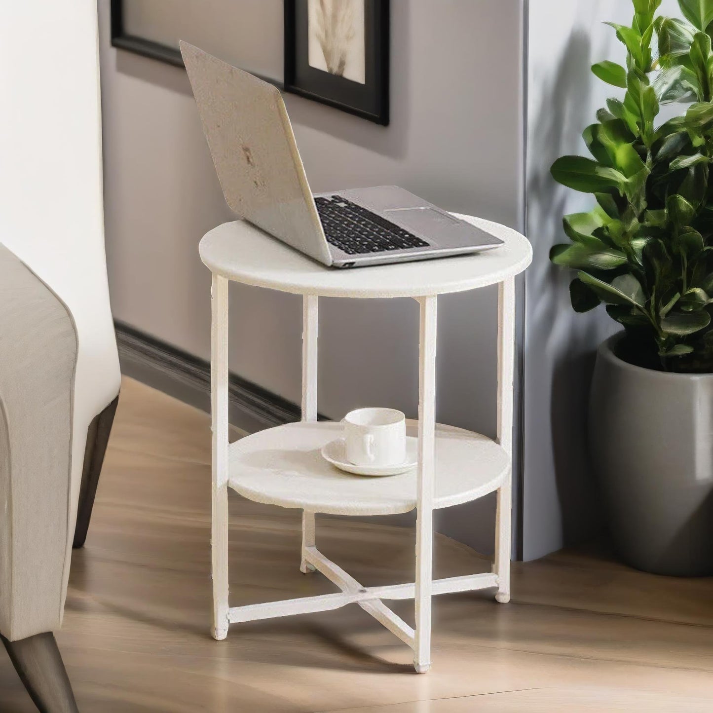 industrial 2 tier round coffee table for living room white