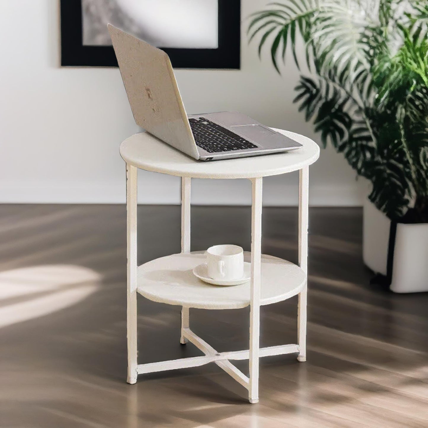 industrial 2 tier round coffee table for living room white