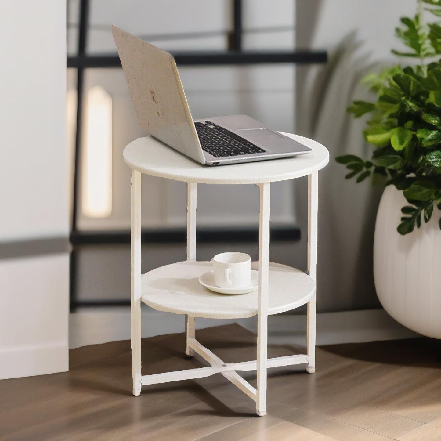 industrial 2 tier round coffee table for living room white