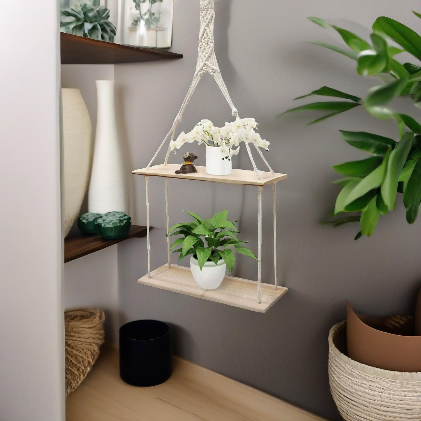 2 tier hanging shelves with rope detail