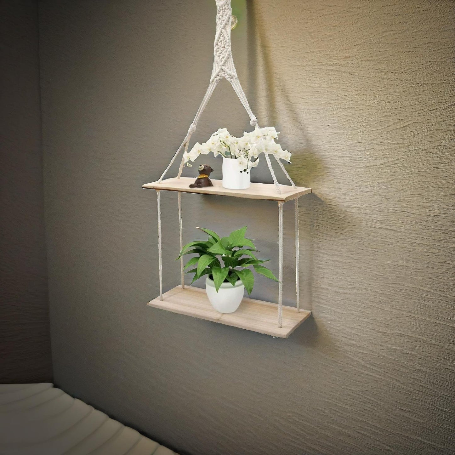 2 tier hanging shelves with rope detail