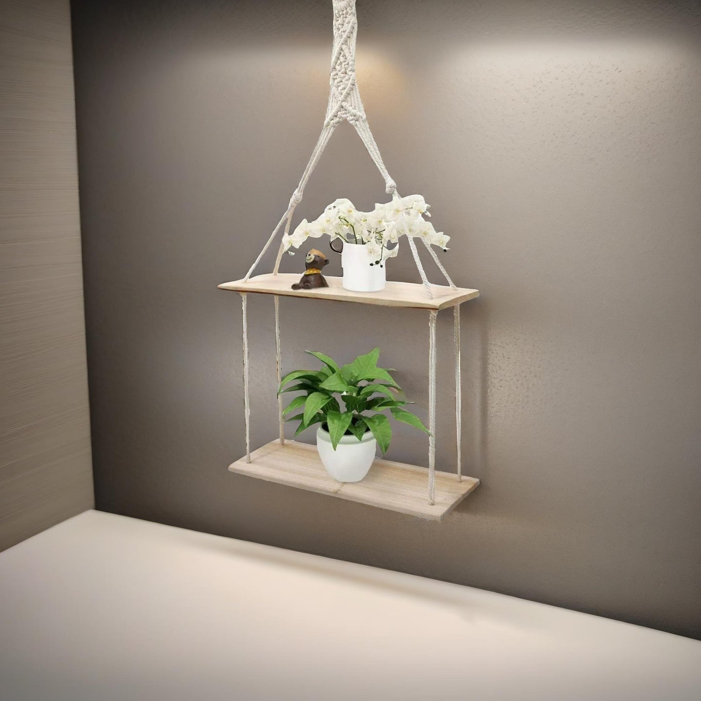 2 tier hanging shelves with rope detail