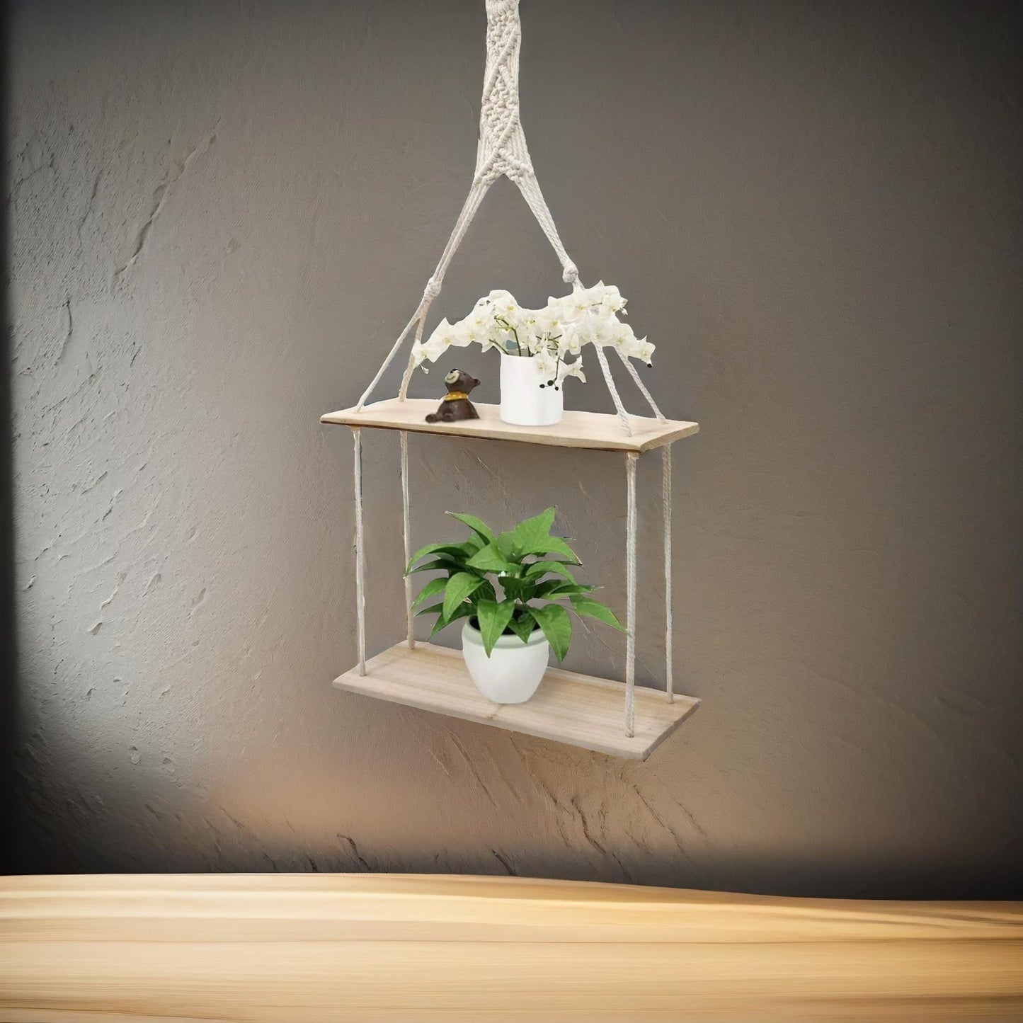 2 tier hanging shelves with rope detail