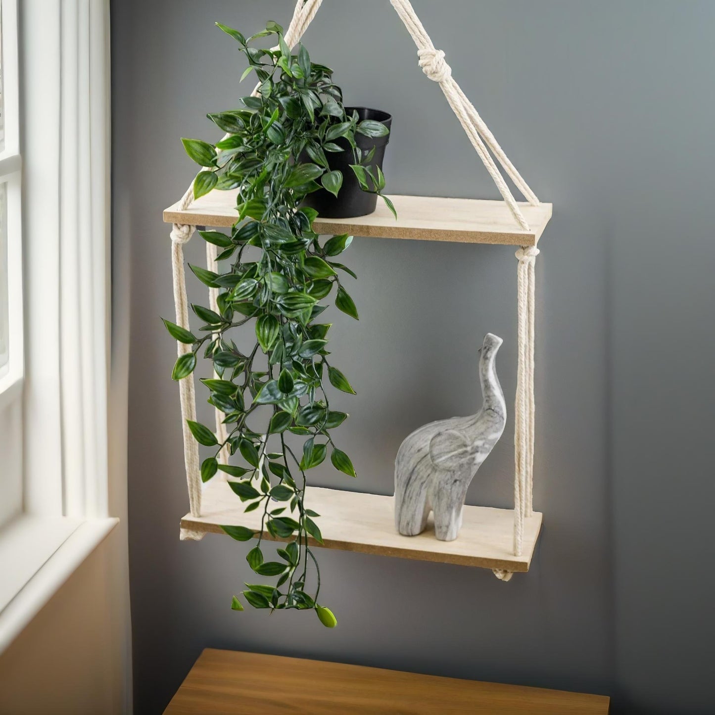 2 tier hanging shelves with rope detail