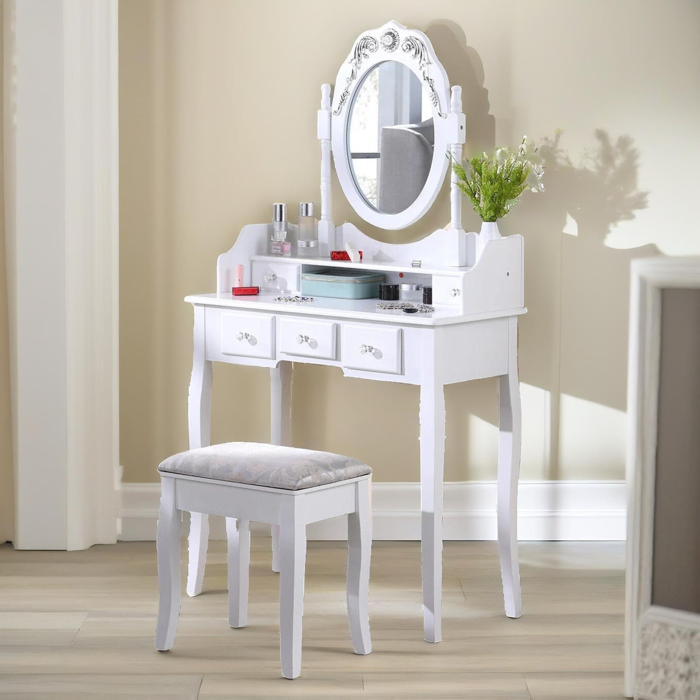 5 drawer white dressing table with mirror and stool