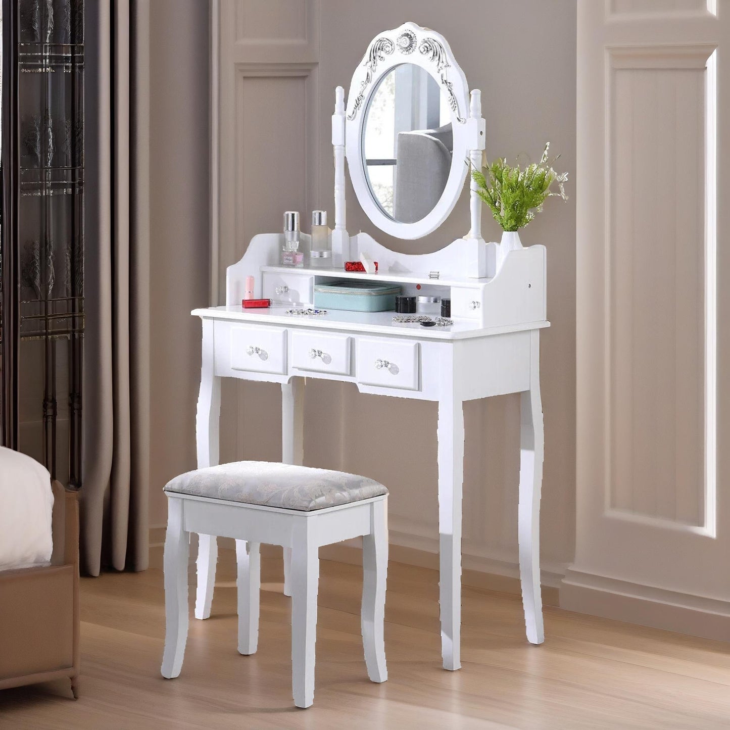 5 drawer white dressing table with mirror and stool