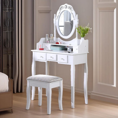 5 Drawer White Dressing Table With Mirror And Stool