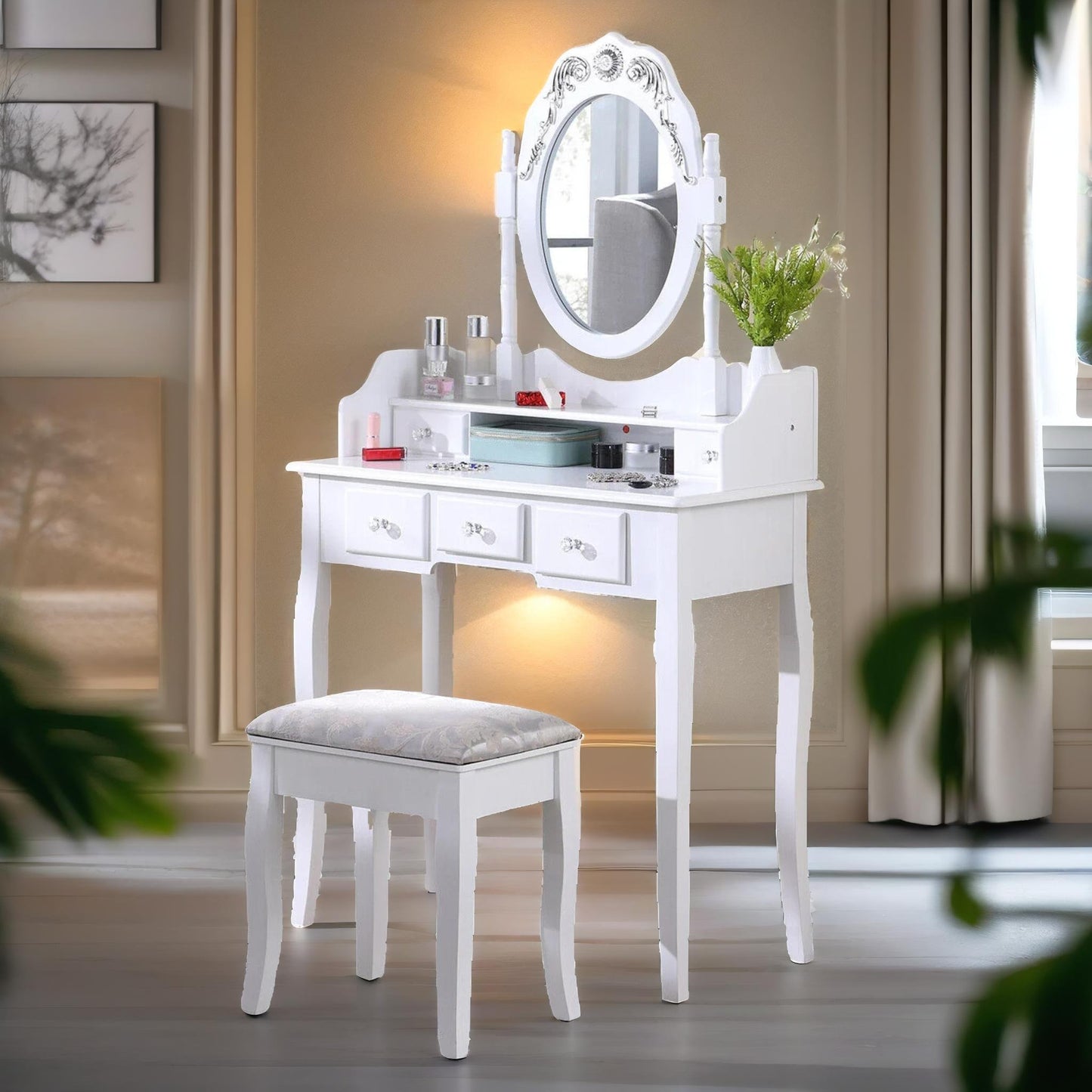 5 drawer white dressing table with mirror and stool