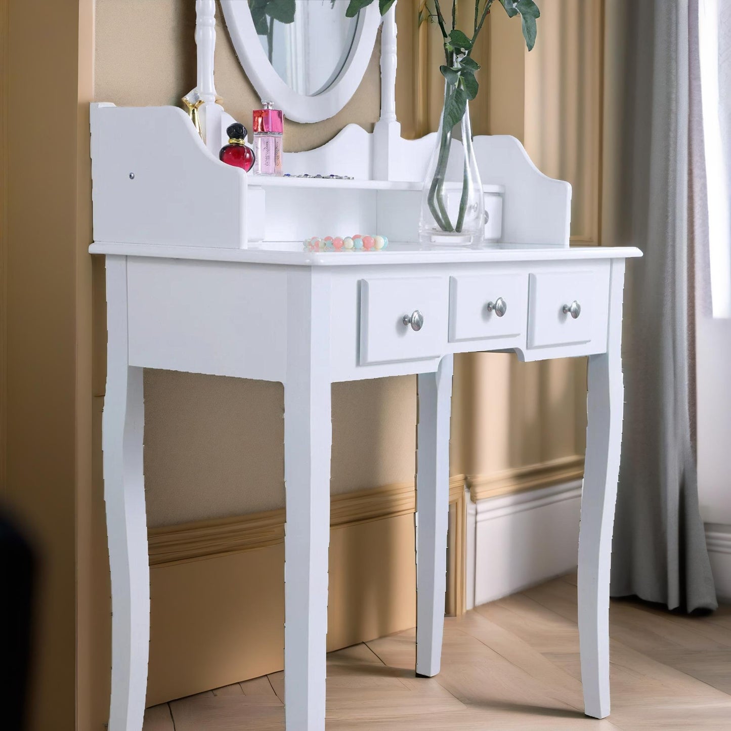 5 drawer white dressing table with mirror and stool