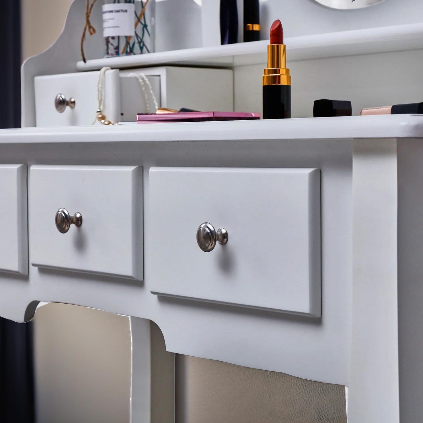 5 drawer white dressing table with mirror and stool