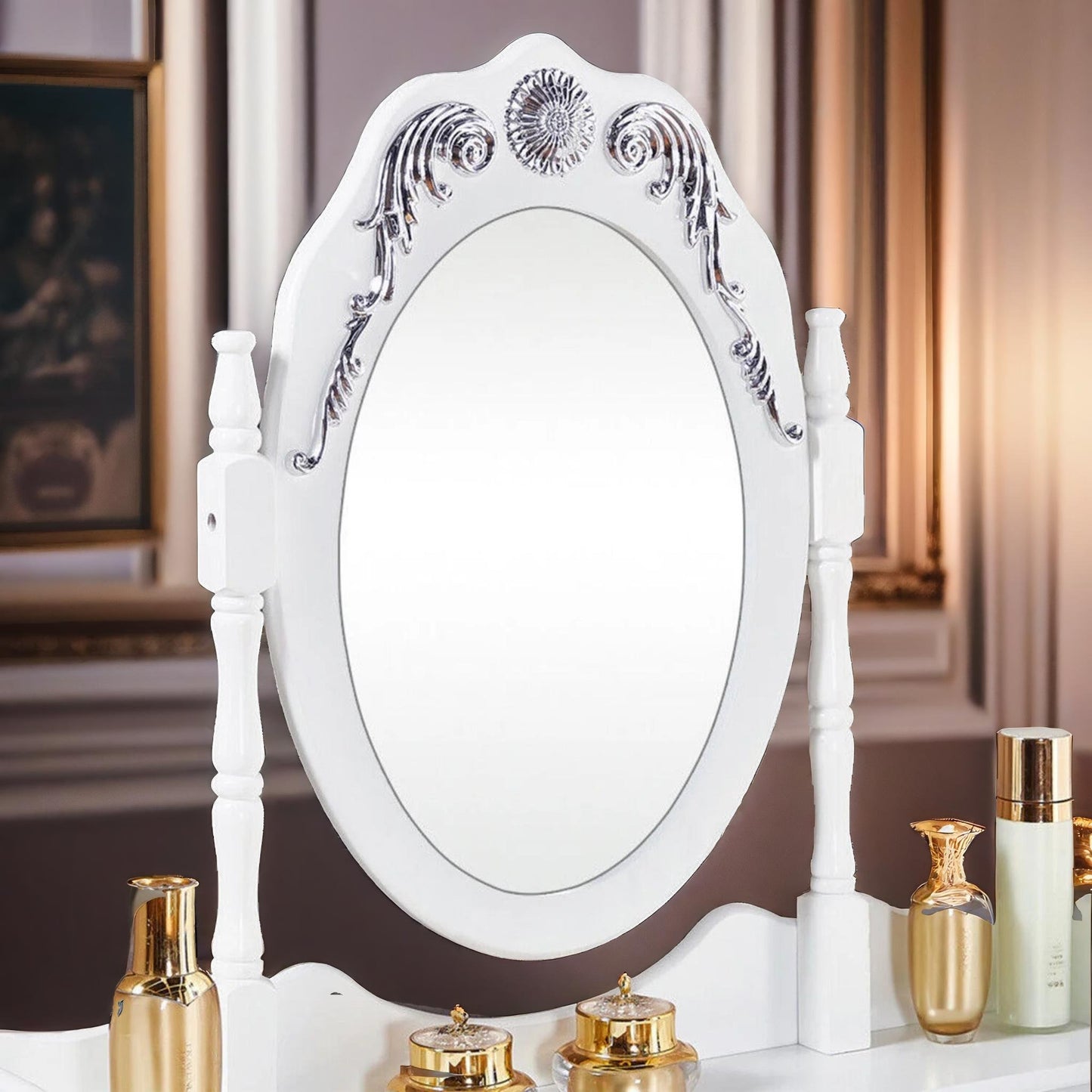 5 drawer white dressing table with mirror and stool