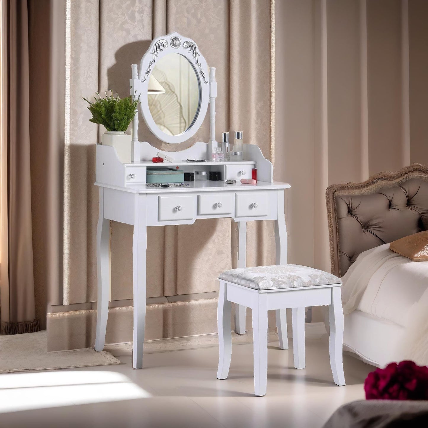 5 drawer white dressing table with mirror and stool