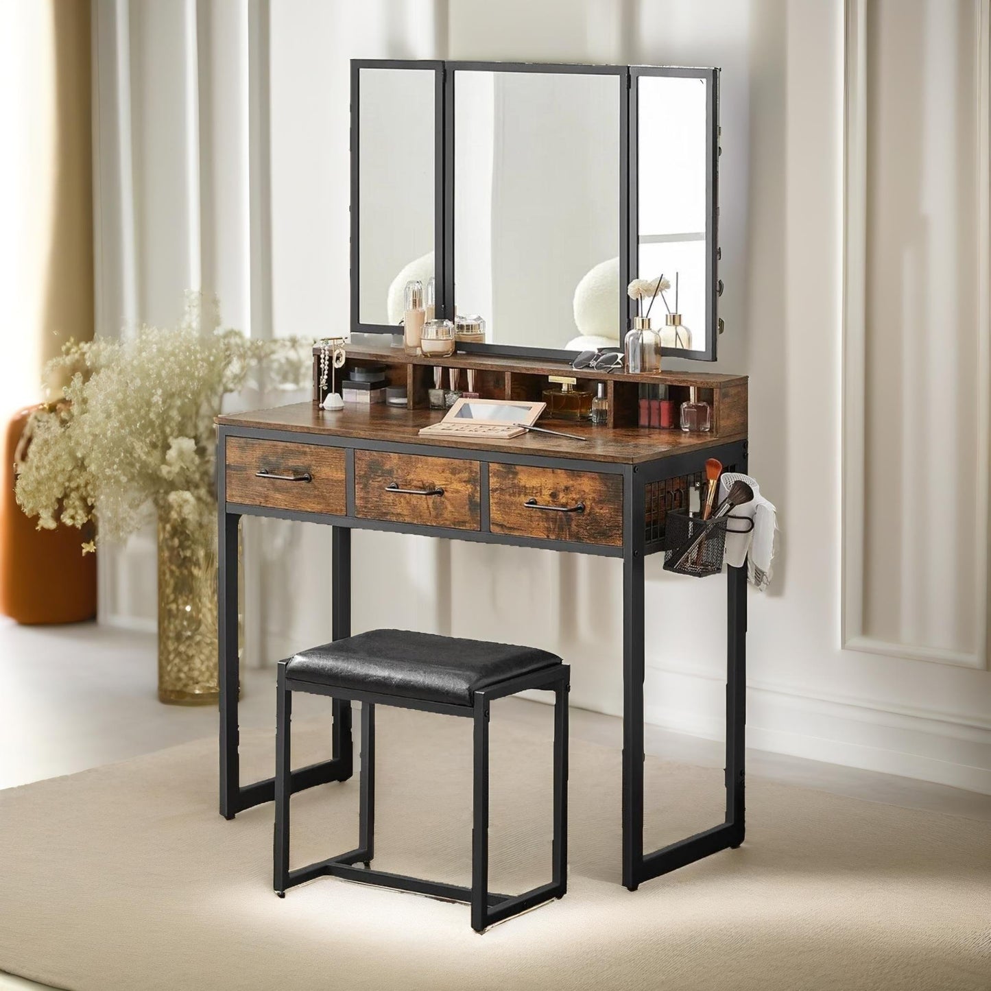 3 drawer dressing table with mirror and stool rustic brown