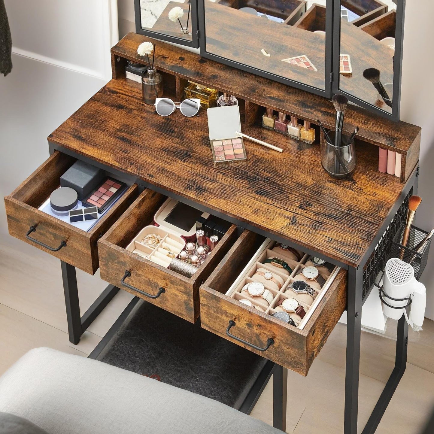 3 drawer dressing table with mirror and stool rustic brown